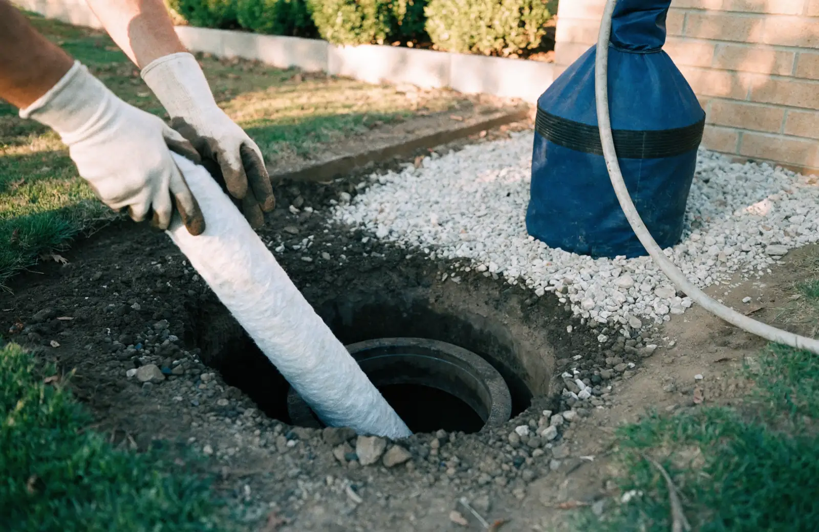 Resin-saturated CIPP liner being fed into a residential sewer pipe at a small access pit