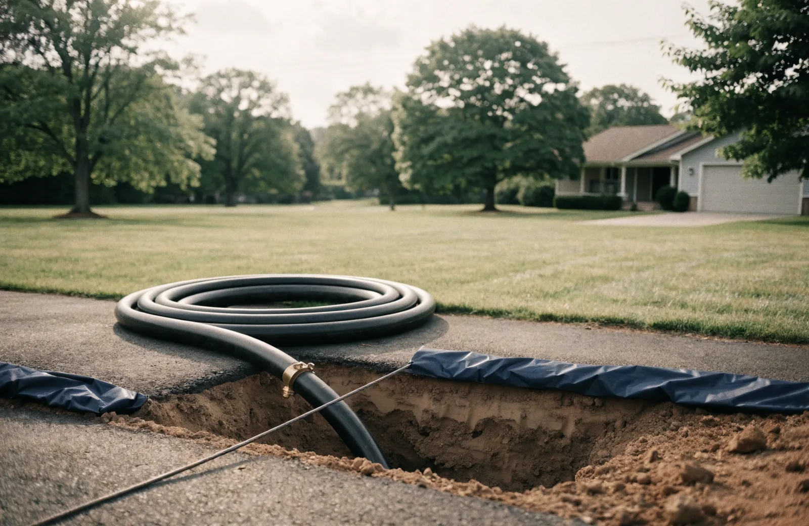 New HDPE pipe coiled beside a small trenchless launch pit at a driveway edge