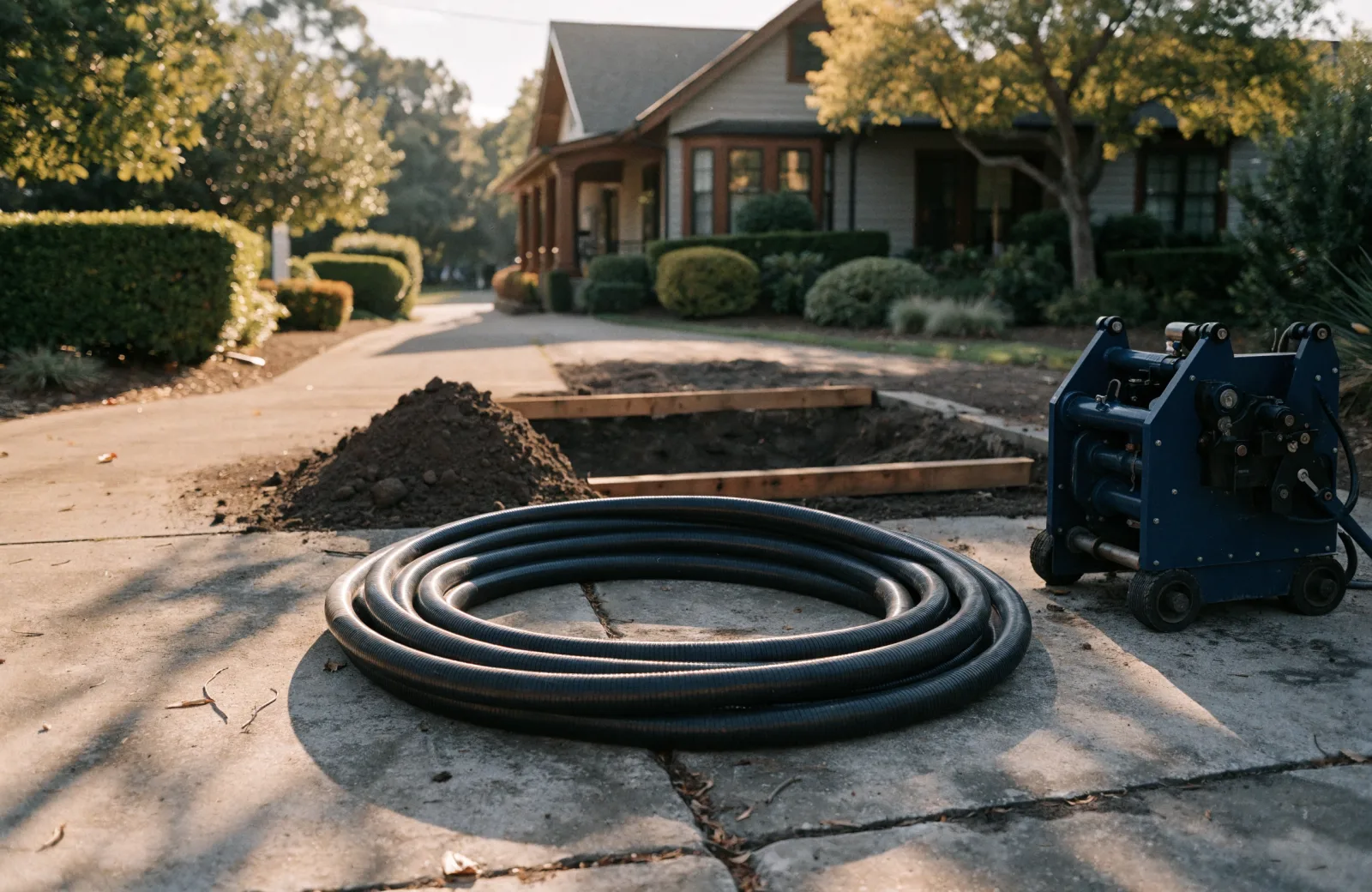 HDPE pipe coil and pipe bursting equipment staged on a residential driveway for trenchless sewer replacement